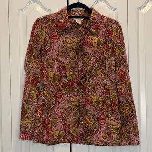 Sundance Ruffle Button Down Multicolor Paisley Long Sleeve Cotton Shirt L